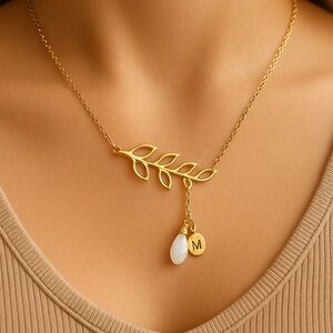 NWT Bansri Gold Plated Leaf Pendant Necklace White Quartz & Initial (C, E, M, N)